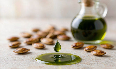 Macro close-up of a green pumpkin seed oil droplet on pale stone with seeds softly blurred behind