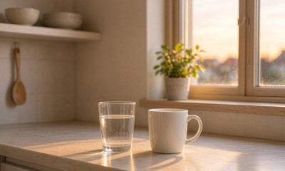 Dim kitchen counter at dusk with a glass of water and white mug, a calm wind-down after a night shift