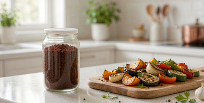 A plain glass jar of beef organ supplement beside a wooden board of roasted vegetables in a bright kitchen