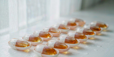 Close macro of plain unlabeled beef organ supplement capsules on a light surface in soft daylight.