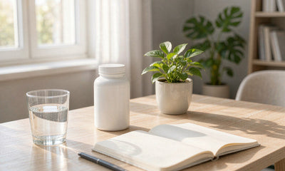Bright airy home office desk with water, a plain supplement bottle, and a plant in soft morning light.