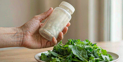 A fair-skinned hand holding a plain supplement bottle beside a plate of leafy greens on a dining table