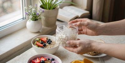 Fair-skinned hands lifting a clear supplement jar beside a dairy-free meal on a bright windowsill, no face.