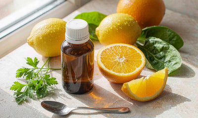 Plain unlabeled amber supplement bottle beside fresh citrus and greens on a light surface