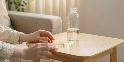 Fair-skinned hands near a water bottle and plain supplement capsule in soft light