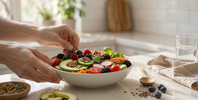 Fair-skinned hands arranging a bowl of whole foods on a light kitchen counter, caregiver meal prep