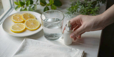 Macro of a fair-skinned hand with a plain dropper bottle, lemon, and water on a bright surface for support.