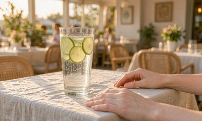 Glass of sparkling water with lime on a linen covered restaurant table in warm golden hour light