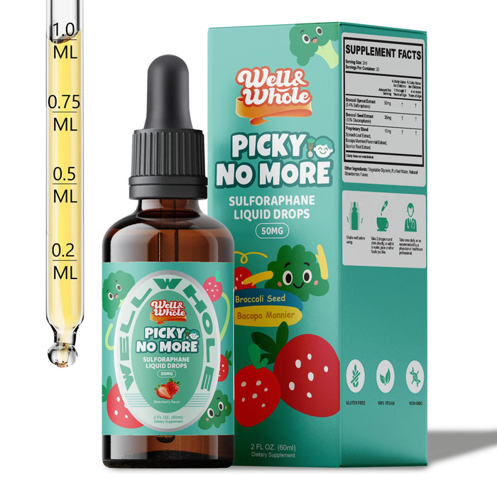 GetWellWhole sulforaphane liquid drops for kids bottle with broccoli and bacopa label
