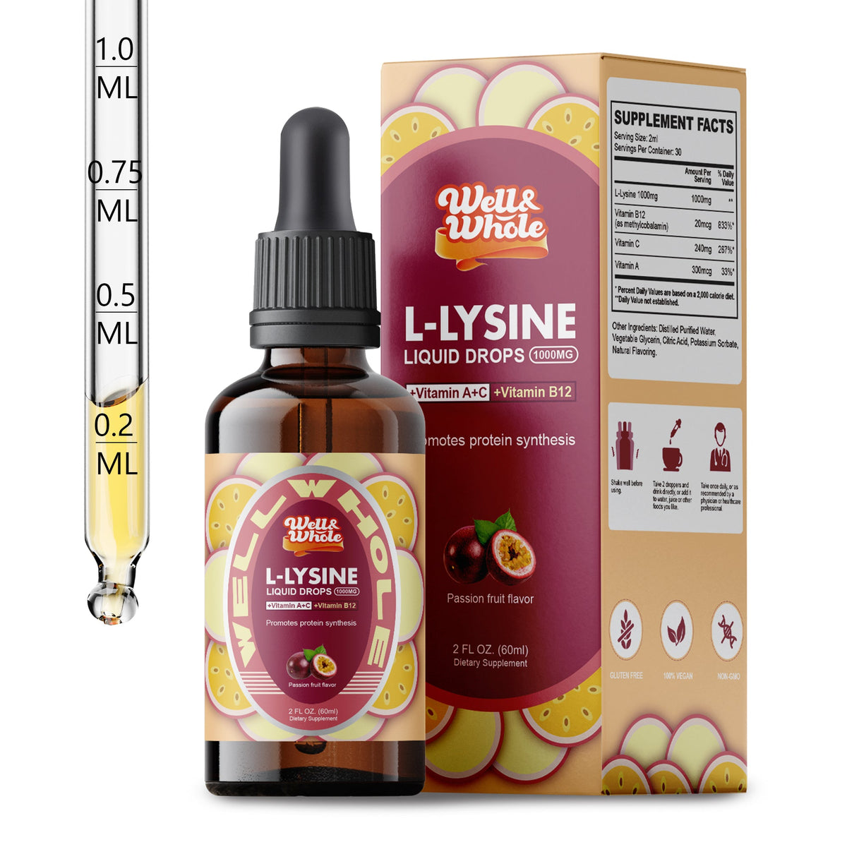 GetWellWhole L-lysine liquid drops 1000mg amber bottle with dropper and dosage label