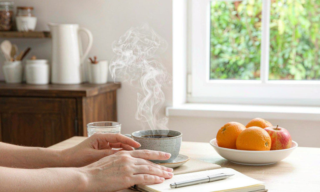 A bright kitchen table with mug, open notebook and fruit bowl, hands resting on the notebook, morning light.