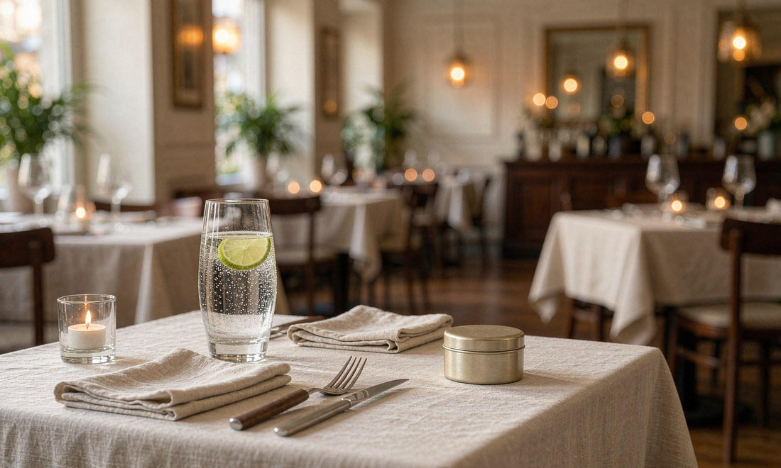Linen restaurant table with sparkling water, folded napkin, cutlery and a small tin in warm candlelight