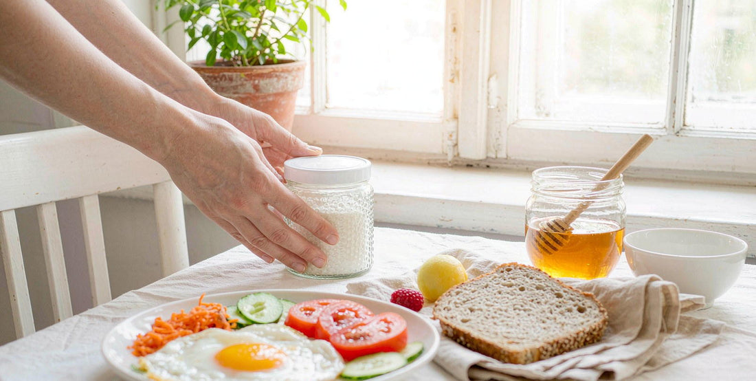 Fair-skinned hands placing a plain unlabeled supplement jar beside a meal on a bright windowsill.
