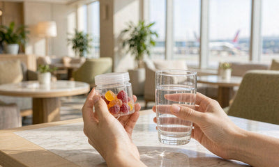 Fair-skinned hands holding a plain gummy jar and water on a bright airport lounge table, no face shown.