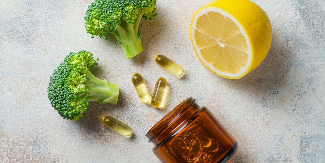 Overhead flat-lay of broccoli, lemon halves, and capsules from a plain unlabeled amber jar on stone