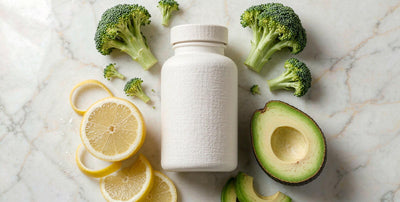 Top-down flat lay of a plain supplement bottle with fresh lemon, broccoli and avocado on white marble