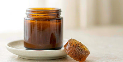 Close-up of a single amber herbal gummy with a plain jar on a pale dish in bright natural light