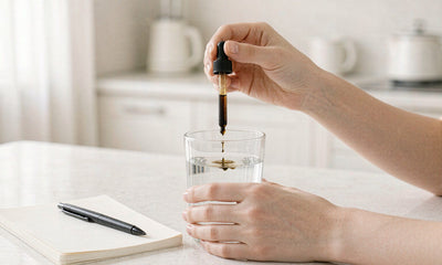 Hands squeezing a dropper into a glass of water beside a notebook on a bright kitchen counter
