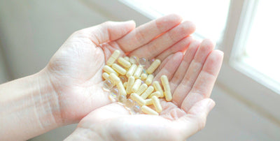 Fair light skin hands holding plain supplement capsules by a bright window