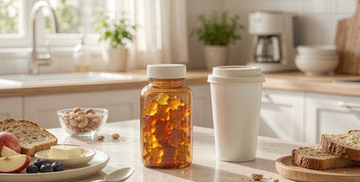 Tudca gummies with milk thistle beside a coffee cup on a bright breakfast table