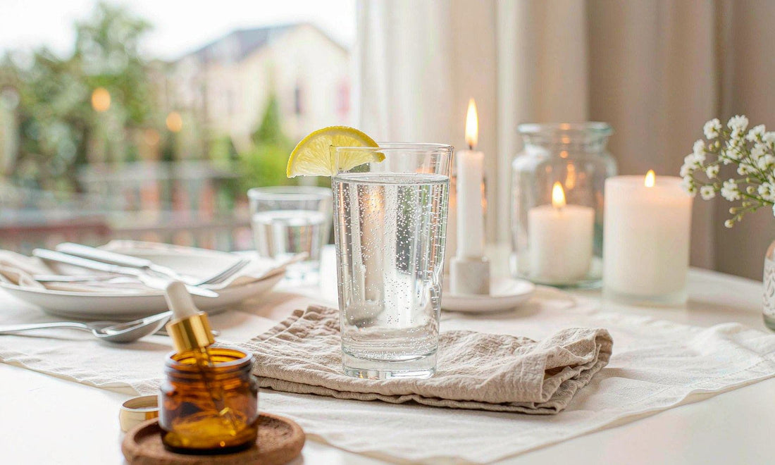 Restaurant table corner with sparkling water and lime, an amber tin and a folded napkin in light