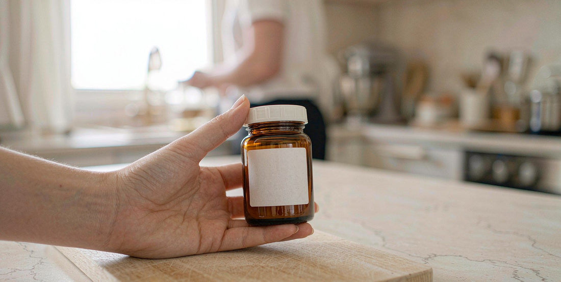 Fair light-skinned hand holding a plain supplement jar on a bright kitchen counter in soft daylight