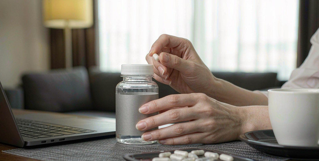 Western fair-skinned hands arranging a water bottle and supplement on a bright desk