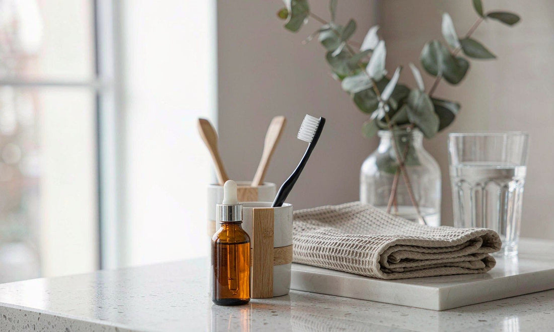 Morning bathroom counter with a dropper bottle, toothbrush cup, folded towel and eucalyptus in soft light