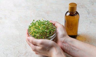 Hands holding a small glass bowl of fresh broccoli sprouts beside an unlabeled amber bottle
