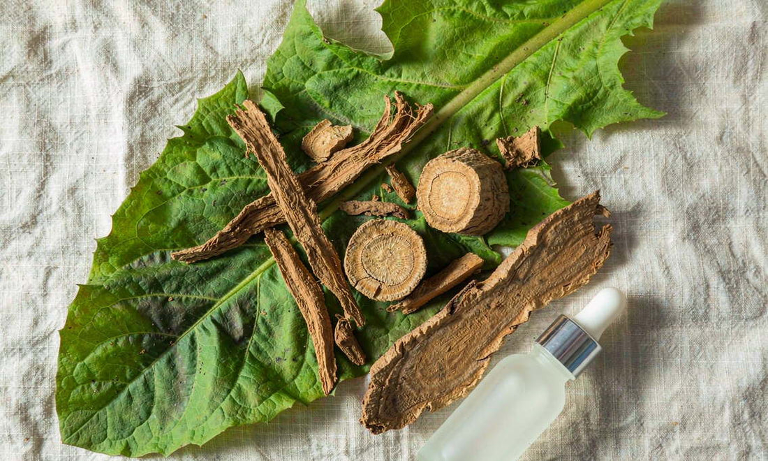 Top-down flat-lay of fresh dandelion leaves and root slices with a plain dropper bottle on light linen.
