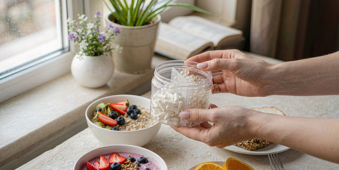 Fair-skinned hands lifting a clear supplement jar beside a dairy-free meal on a bright windowsill, no face.