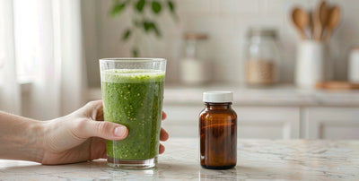 Fair-skinned hand holding a green smoothie beside plant-based supplements on a bright pale kitchen table