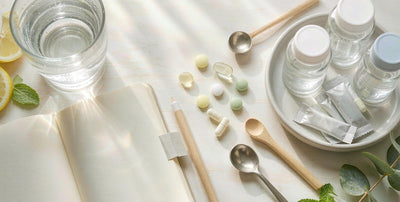A bright desk flat-lay with a glass of water, a blank notebook and daily supplement capsules