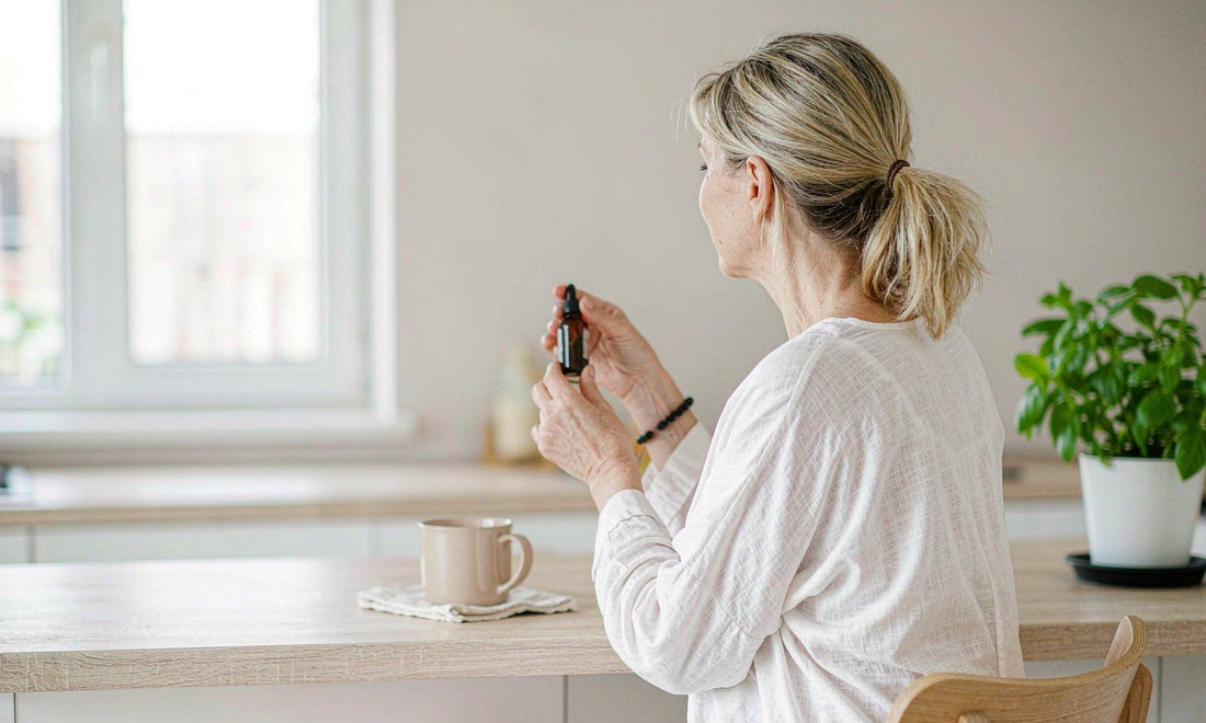 Woman seen from behind at a sunlit kitchen island holding a small amber dropper bottle