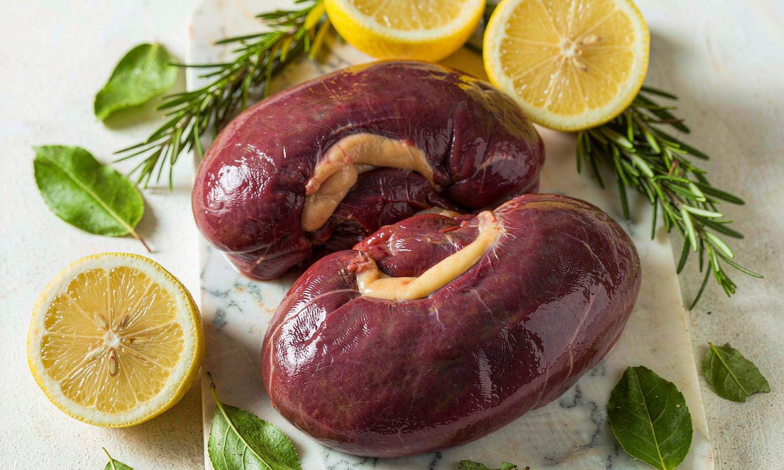 Raw beef kidney on a light marble board with fresh rosemary, lemon halves, and green leaves