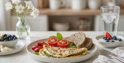 A balanced breakfast with eggs, tomato, berries and water on a bright kitchen table