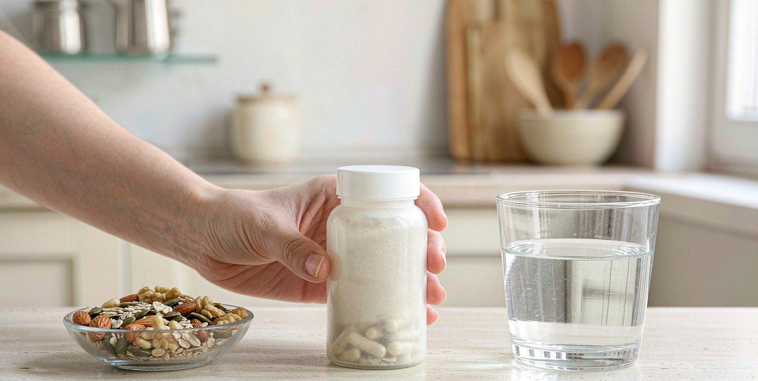 A fair-skinned hand holding a plain supplement bottle beside a glass of water and whole foods