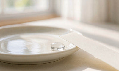 Macro study of a single water droplet on a pale ceramic plate with blank paper in soft morning light