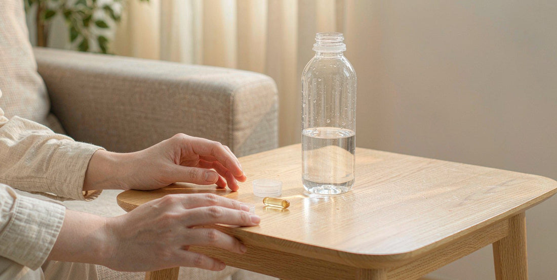 Fair-skinned hands near a water bottle and plain supplement capsule in soft light