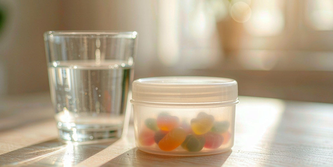 A plain unlabeled supplement gummy jar beside a glass of water on a sunny desk in natural light