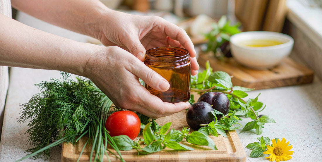 Fair-skinned hands holding a plain amber jar on a wooden board with herbs, nutrient-dense whole food
