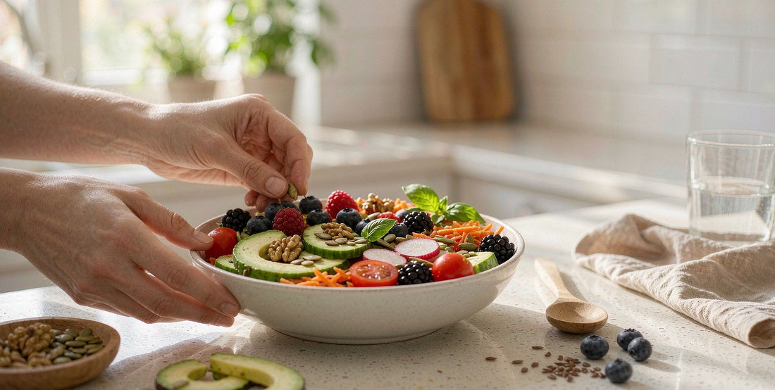 Fair-skinned hands arranging a bowl of whole foods on a light kitchen counter, caregiver meal prep