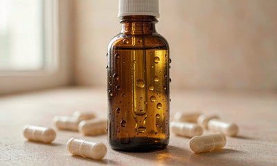 Macro close-up of an amber dropper bottle and pale translucent gummies on a cream surface