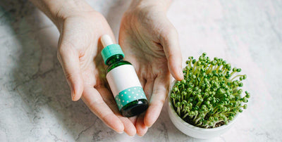 Fair-skinned hands placing a bottle of liver support drops beside fresh broccoli sprouts