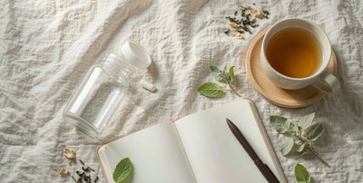 A plain supplement jar, a cup of tea, and a notebook on a light linen tablecloth in soft morning light