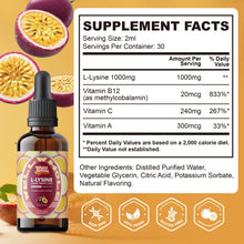 L-lysine liquid drops supplement facts panel listing 1000mg per serving and serving size