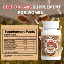 Beef organ capsules supplement facts panel listing liver, kidney and heart per serving
