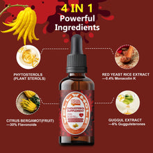 Plant sterols and red yeast rice beside a liquid drop dropper on a wooden board