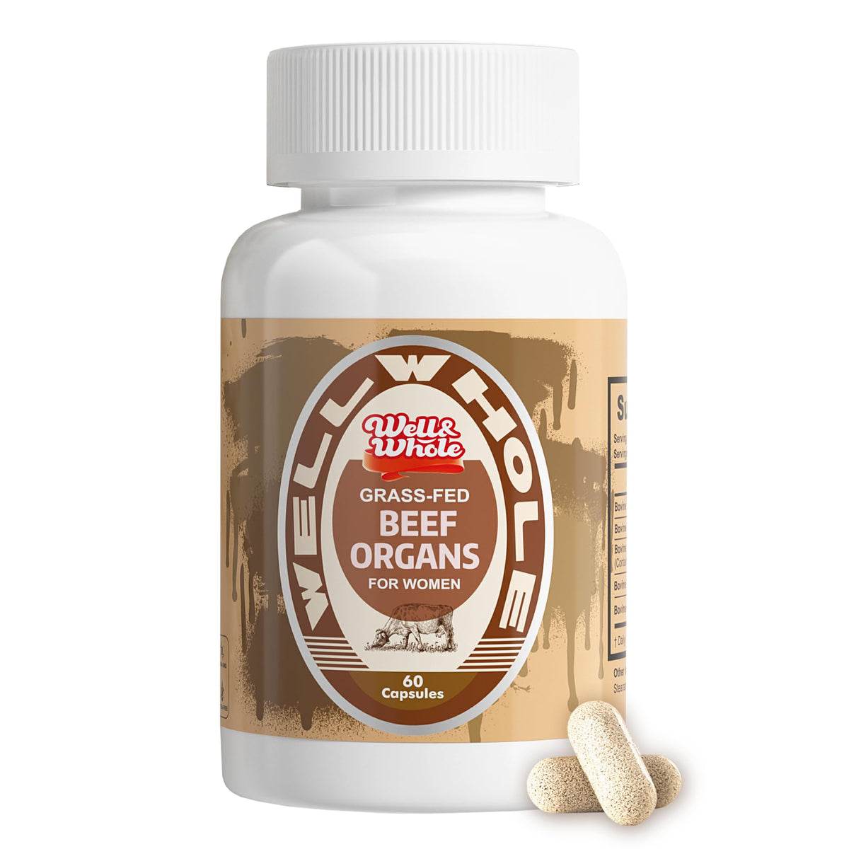 GetWellWhole grass fed beef organ capsules bottle with liver, kidney and heart on the label