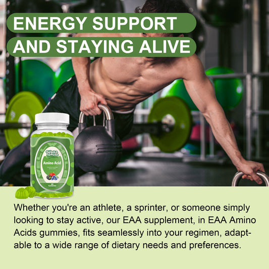 Chewable essential amino acid gummies in a bowl beside a water bottle and gym towel